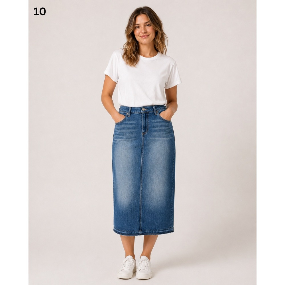 Paige Denim Midi Skirt Womens 23‎ Blue Medium Wash Raw Hem Patchwork Boho